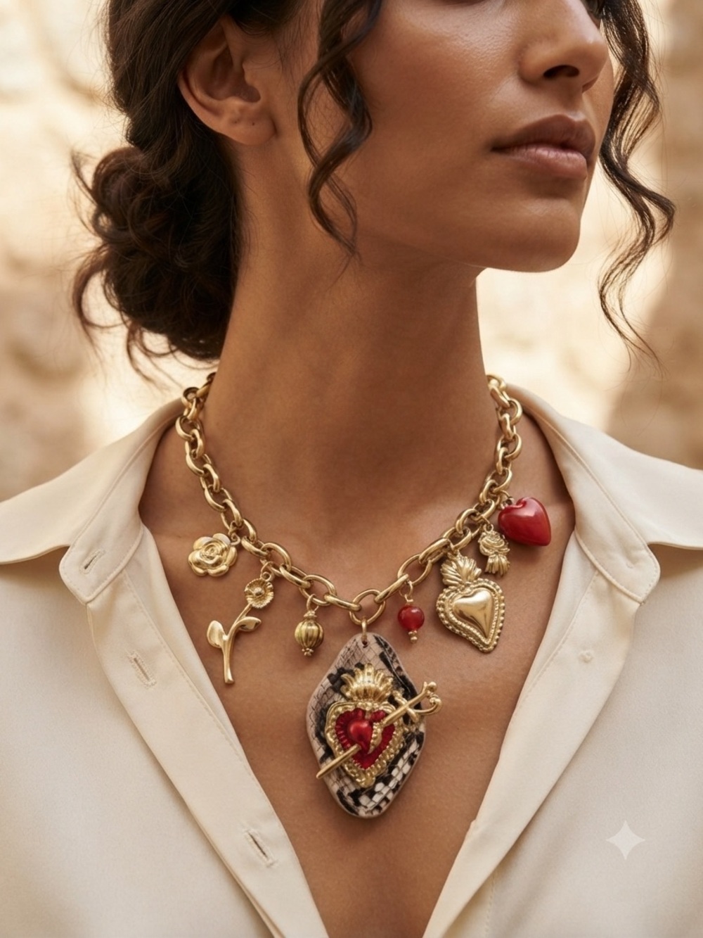 ✨ Gold Chain Charm Necklace with Red Heart Pendant